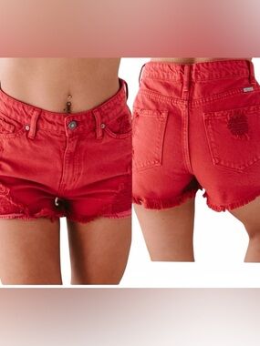 KanCan Red High-Rise Distressed Jean Shorts